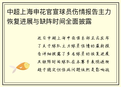 中超上海申花官宣球员伤情报告主力恢复进展与缺阵时间全面披露 中超上海申花官宣球员伤情报告主力恢复进展与缺阵时间全面披露
